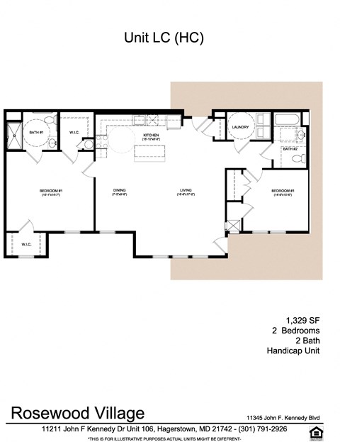 Floor plan for 2 beds, 2 baths, 1329 sqft